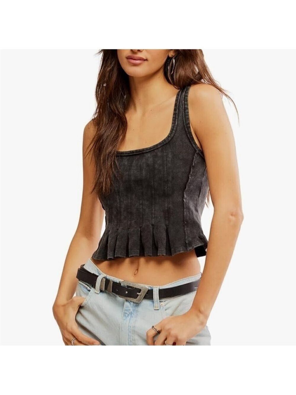 Free People Women's Roller Tank, Black faded cropped top ruffles sleeveless Sz M
